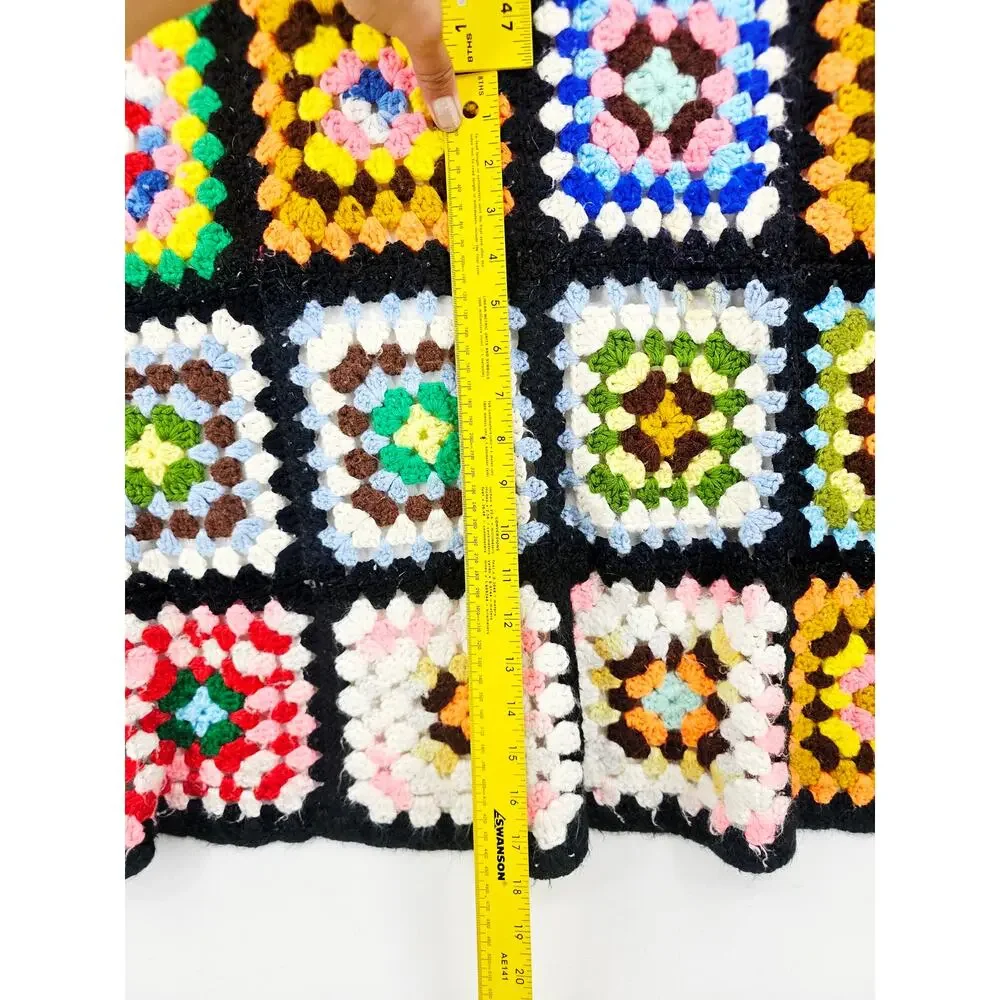 Vintage 70s Granny Square Afghan Crochet Throw Blanket Multicolor 65x50 Cottage